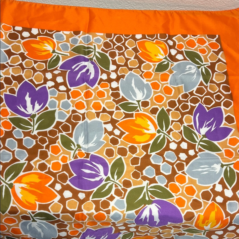 Vintage Floral Square Scarf 30.5x30.5 Orange Purple Retro Mod Print